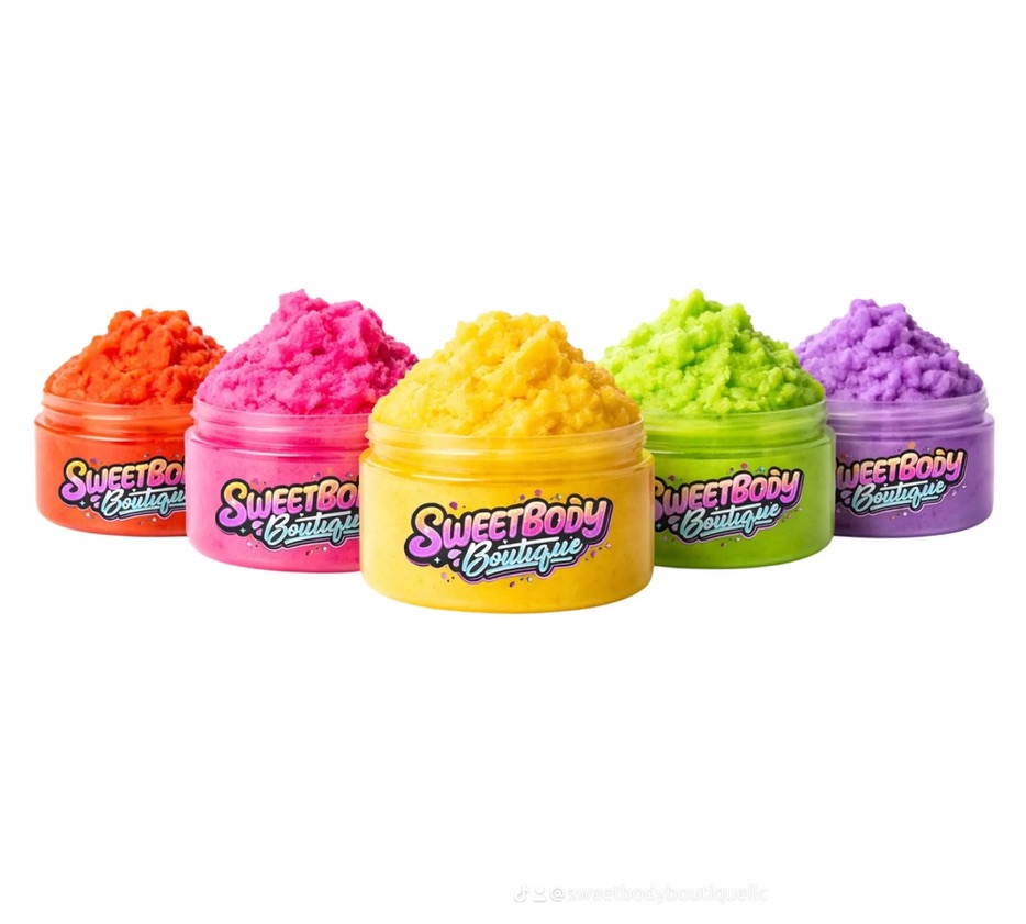 Sweet Body Boutique scrub jar lineup in orange, pink, yellow, green, and purple